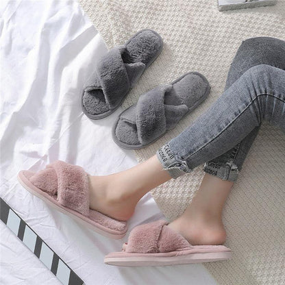 Women's plush faux fur slippers pink and gray open-toe slip-ons, two pairs shown on Tampa Home & Garden Store