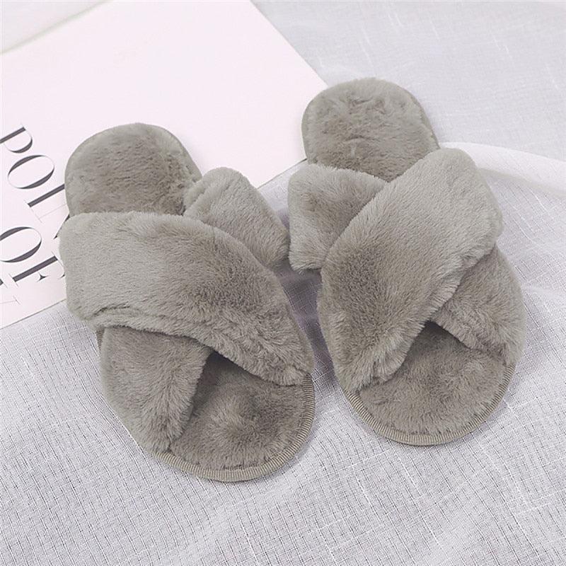 Stevvex women's fluffy gray slippers with crossed faux fur straps open-toe indoor footwear on Tampa Home & Garden Store