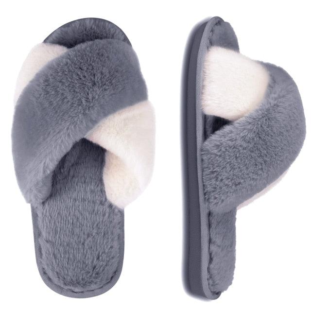 Stevvex fluffy slippers grey cream faux fur cross-strap indoor outdoor slides on Tampa Home & Garden Store