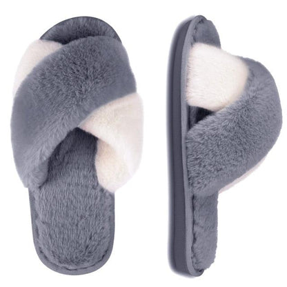 Stevvex fluffy slippers grey cream faux fur cross-strap indoor outdoor slides on Tampa Home & Garden Store