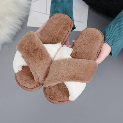 Stevvex women's fluffy faux fur slippers tan with white plush lining indoor outdoor house shoes on Tampa Home & Garden Store