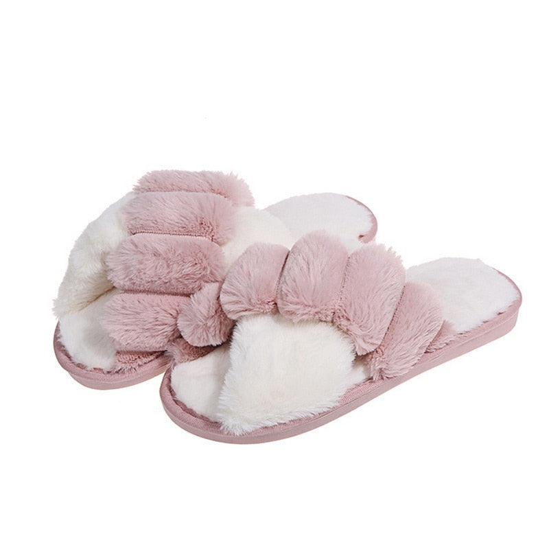 Slippers Stevvex fluffy pink white faux fur pair, open-toe indoor slides, non-slip sole on Tampa Home & Garden Store