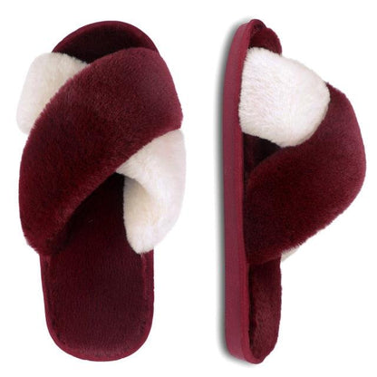 Stevvex warm fluffy cross-strap slippers pair in burgundy with white faux fur interior indoor slip-on on Tampa Home & Garden Store