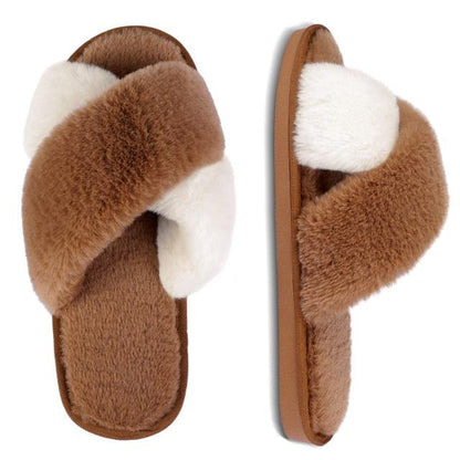 Stevvex fluffy faux fur slippers in brown and white, open-toe indoor/outdoor slides, pair on Tampa Home & Garden Store