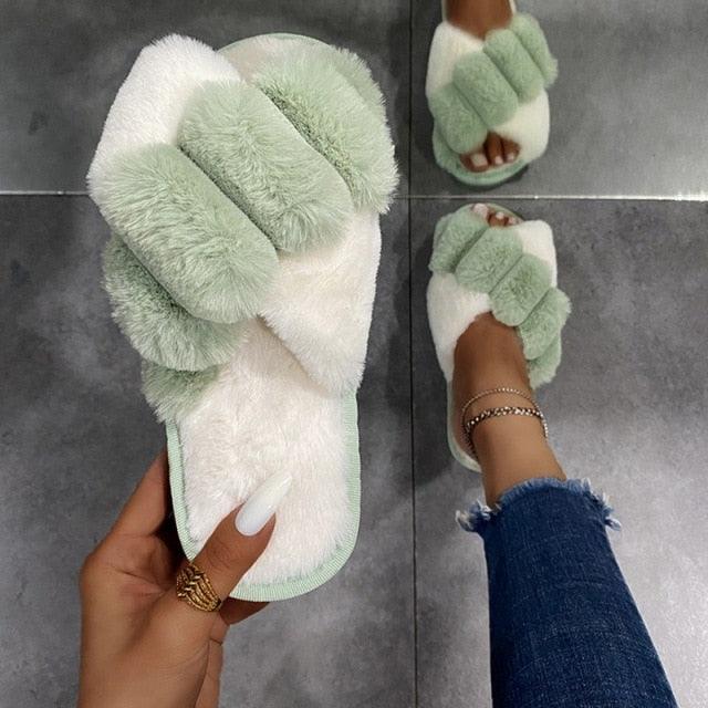 Stevvex fluffy slippers pair, mint green and white, open-toe slip-on with plush fur on Tampa Home & Garden Store