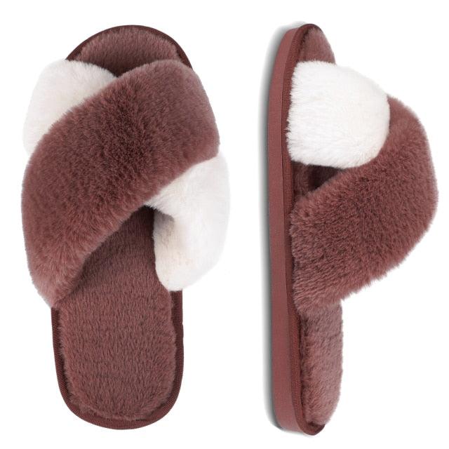 Stevvex women's fluffy slippers pair brown faux fur open toe slipon indoor outdoor nonslip on Tampa Home & Garden Store