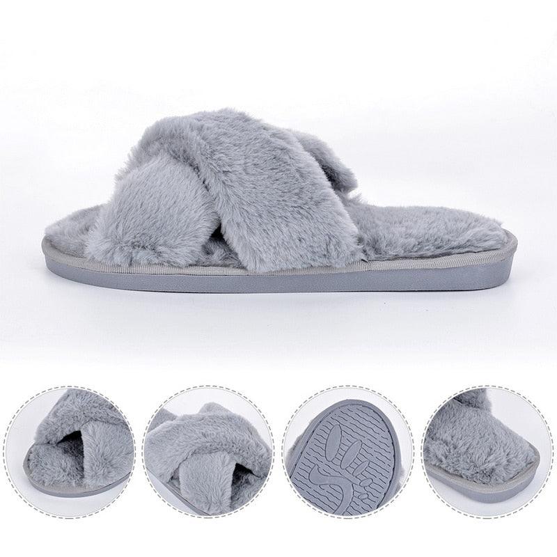 Stevvex women's plush fluffy slippers gray cross-band faux fur open-toe indoor/outdoor on Tampa Home & Garden Store