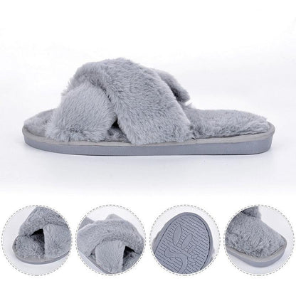 Stevvex women's plush fluffy slippers gray cross-band faux fur open-toe indoor/outdoor on Tampa Home & Garden Store
