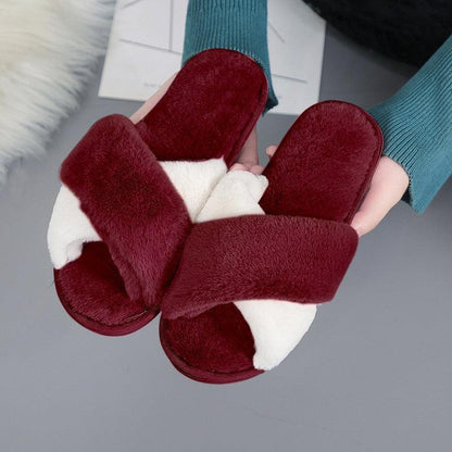 Slippers Stevvex women's burgundy faux fur open-toe indoor slippers, pair, non-slip, warm on Tampa Home & Garden Store