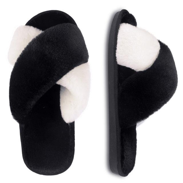 Stevvex pair of fluffy cross-strap slippers black white faux fur open-toe indoor outdoor on Tampa Home & Garden Store