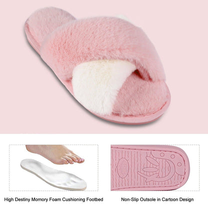Stevvex pink fluffy faux-fur slippers with open toe, indoor outdoor slip-on house shoe on Tampa Home & Garden Store