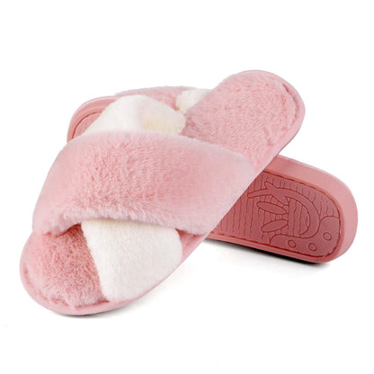 Stevvex pink fluffy slippers with faux fur cross straps, open-toe indoor slides on Tampa Home & Garden Store