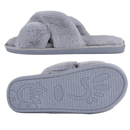 Stevvex gray faux fur cross-strap slippers with plush open-toe slides and non-slip sole on Tampa Home & Garden Store