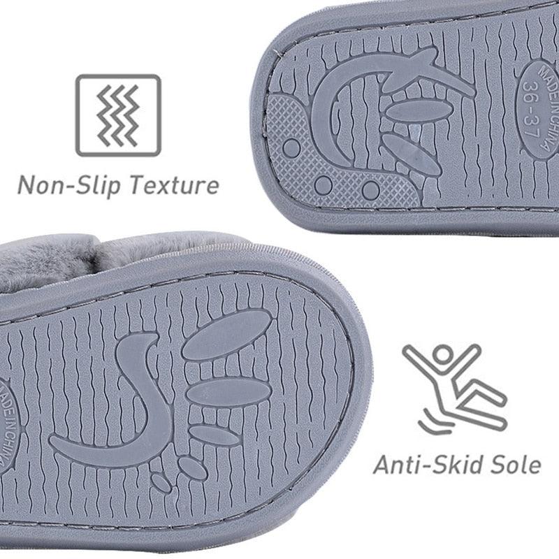 Stevvex women's fluffy faux-fur slippers grey open-toe indoor house shoes with non-slip sole on Tampa Home & Garden Store