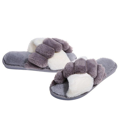 Stevvex women's fluffy faux fur slippers with gray-white straps, open-toe indoor slides on Tampa Home & Garden Store