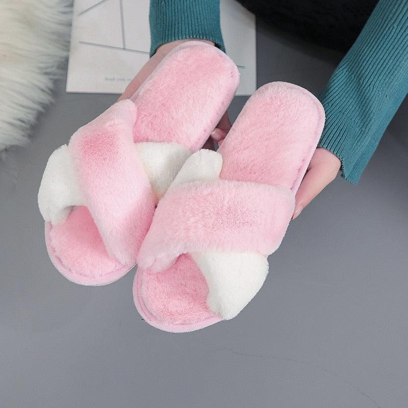 Stevvex pink fluffy faux fur slippers with white cross straps, open-toe indoor outdoor house slides on Tampa Home & Garden Store