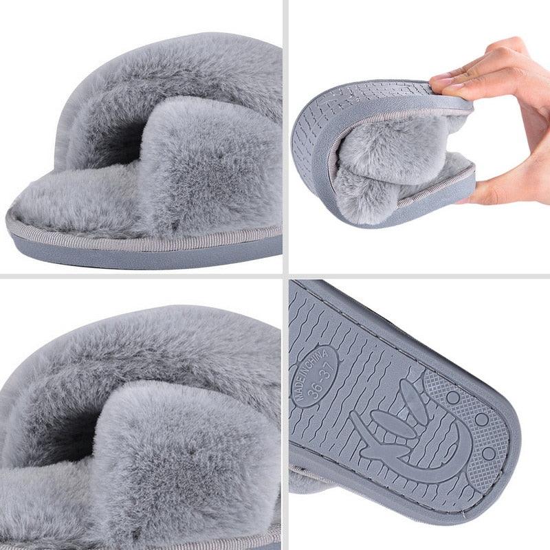 Fluffy Stevvex slippers for women gray faux fur slides with plush lining and non-slip sole on Tampa Home & Garden Store