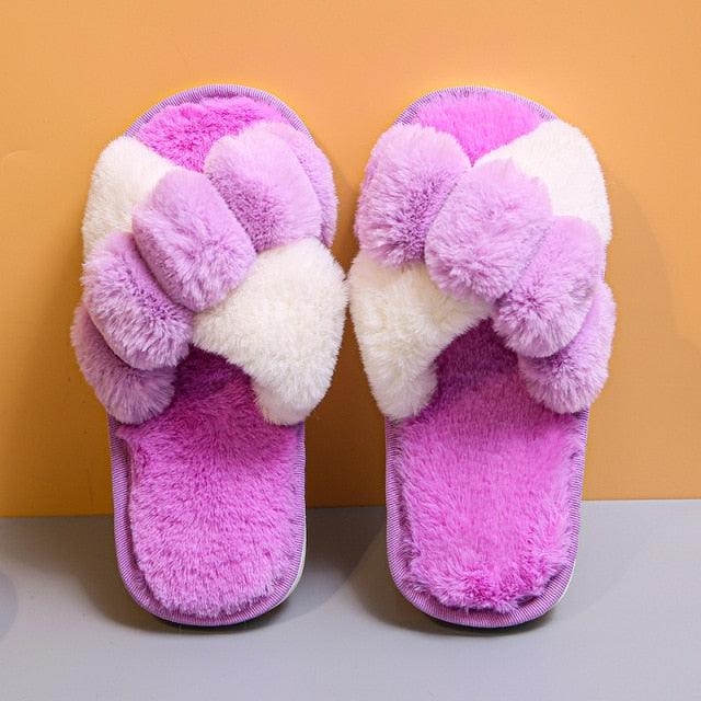 Slippers pink purple multicolor plush faux fur open-toe indoor outdoor slides on Tampa Home & Garden Store