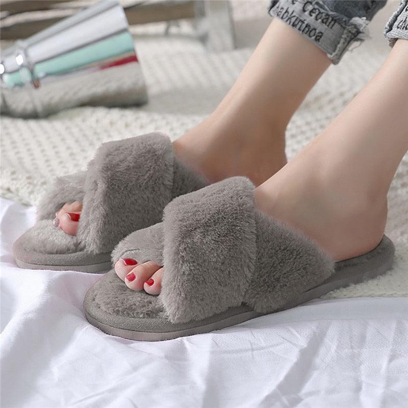 Gray faux-fur open-toe women's slippers with double plush straps, slip-on indoor house shoes on Tampa Home & Garden Store
