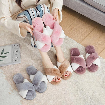 Stevvex women's plush faux fur cross-strap slippers pink indoor outdoor slip-ons 1 pair on Tampa Home & Garden Store