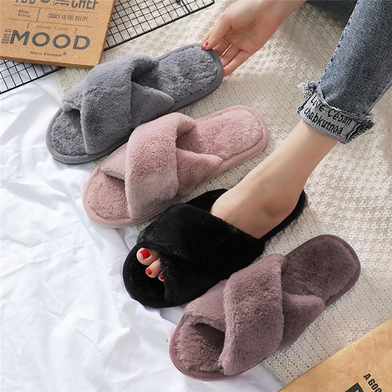 Fluffy slippers Stevvex plush gray pink black mauve four-color open-toe slip-ons on Tampa Home & Garden Store