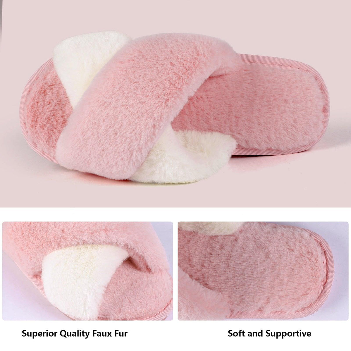 Stevvex pink fluffy faux fur slippers with crossover band open-toe indoor house shoes on Tampa Home & Garden Store