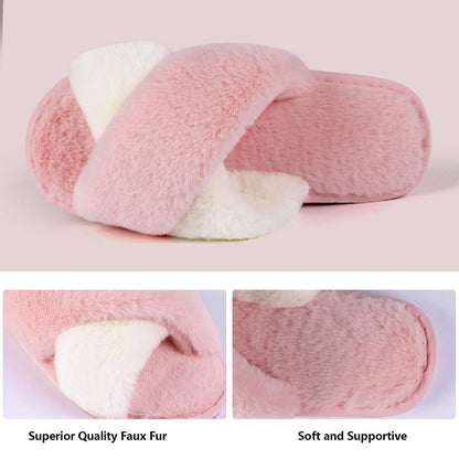 Stevvex pink fluffy faux fur slippers with crossover band open-toe indoor house shoes on Tampa Home & Garden Store
