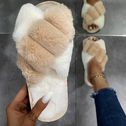 Stevvex fluffy faux fur open-toe indoor slippers in white and beige on Tampa Home & Garden Store