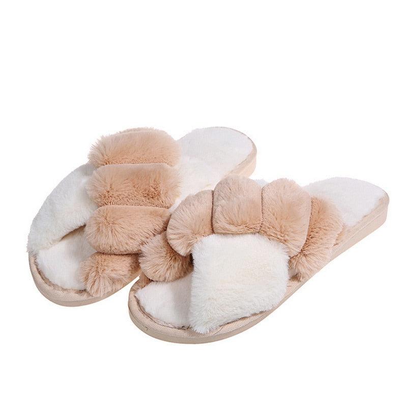 Slippers Stevvex fluffy faux fur open-toe slides cream non-slip indoor shoes on Tampa Home & Garden Store