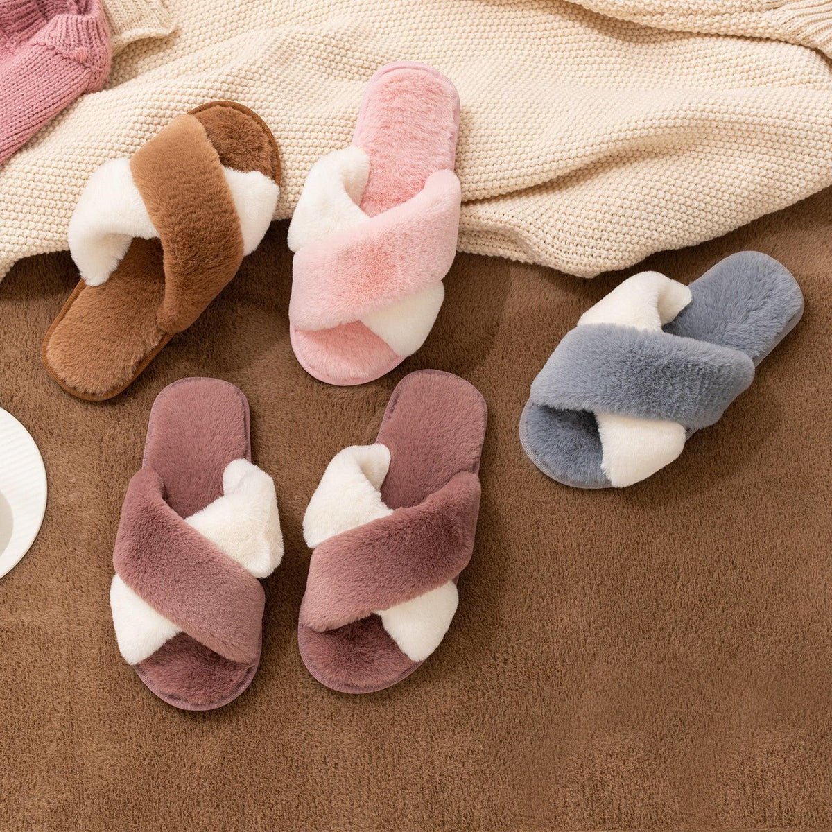 Slippers Stevvex fluffy cross-strap pink, brown, mauve and gray four pairs indoor outdoor use on Tampa Home & Garden Store