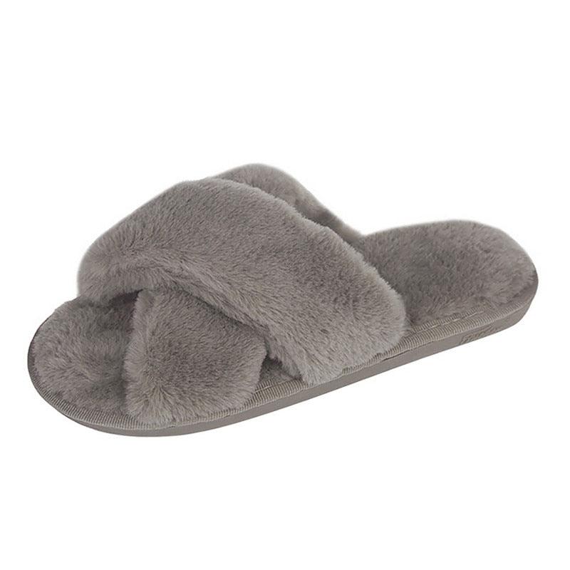 Stevvex fluffy grey faux fur open-toe slippers with plush sole on Tampa Home & Garden Store