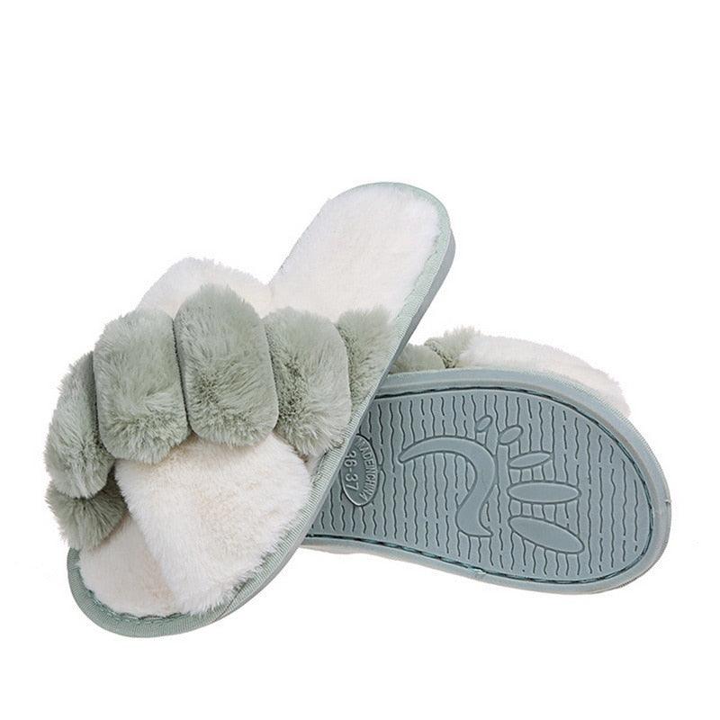 Pair of Stevvex fluffy faux fur slippers, pale gray-green open-toe slides, non-slip sole on Tampa Home & Garden Store