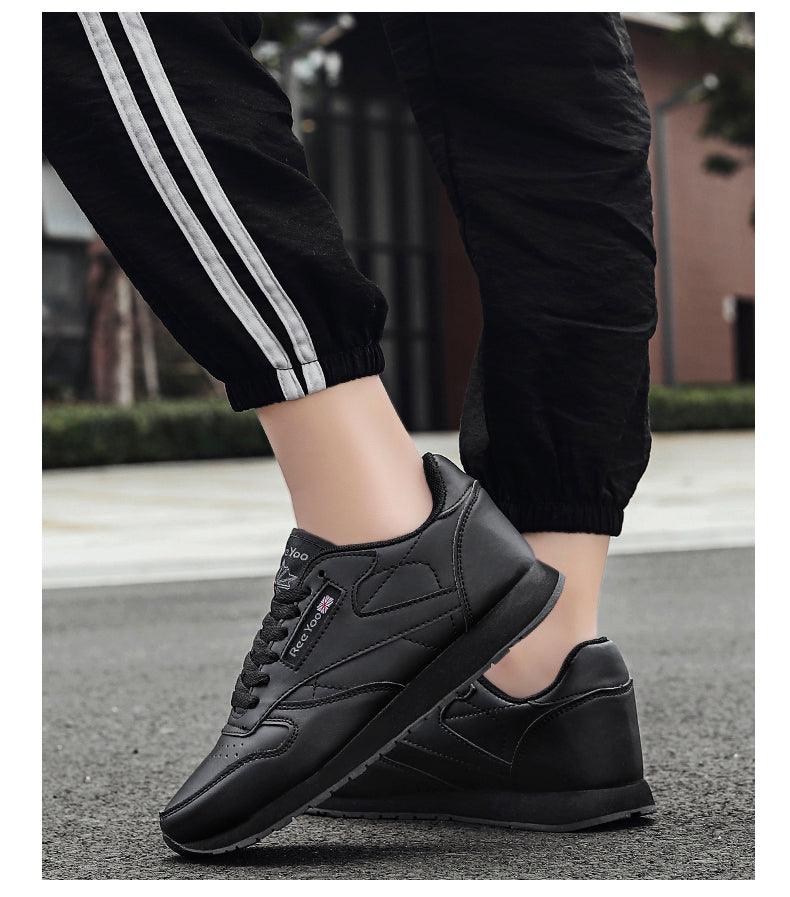 Stevvex black leather sneakers lace-up trainers with stitched panels for casual gym wear on Tampa Home & Garden Store