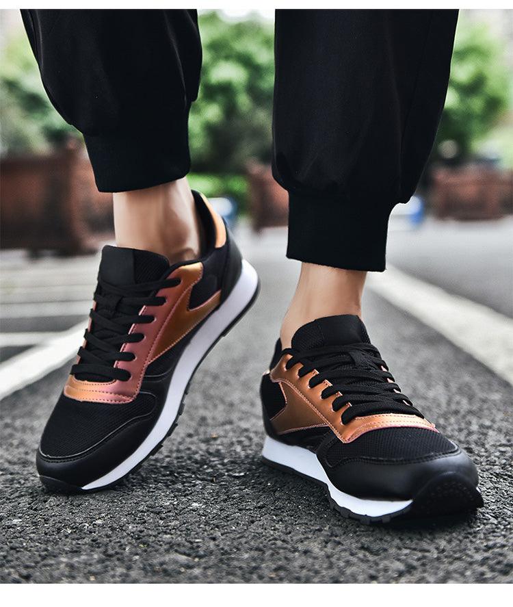 Stevvex sneakers pair in black mesh with copper metallic panels and white sole on Tampa Home & Garden Store