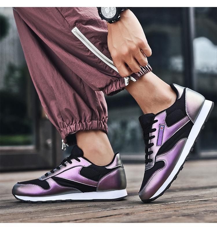 Stevvex women's purple metallic leather sneakers with black mesh panels and white sole on Tampa Home & Garden Store