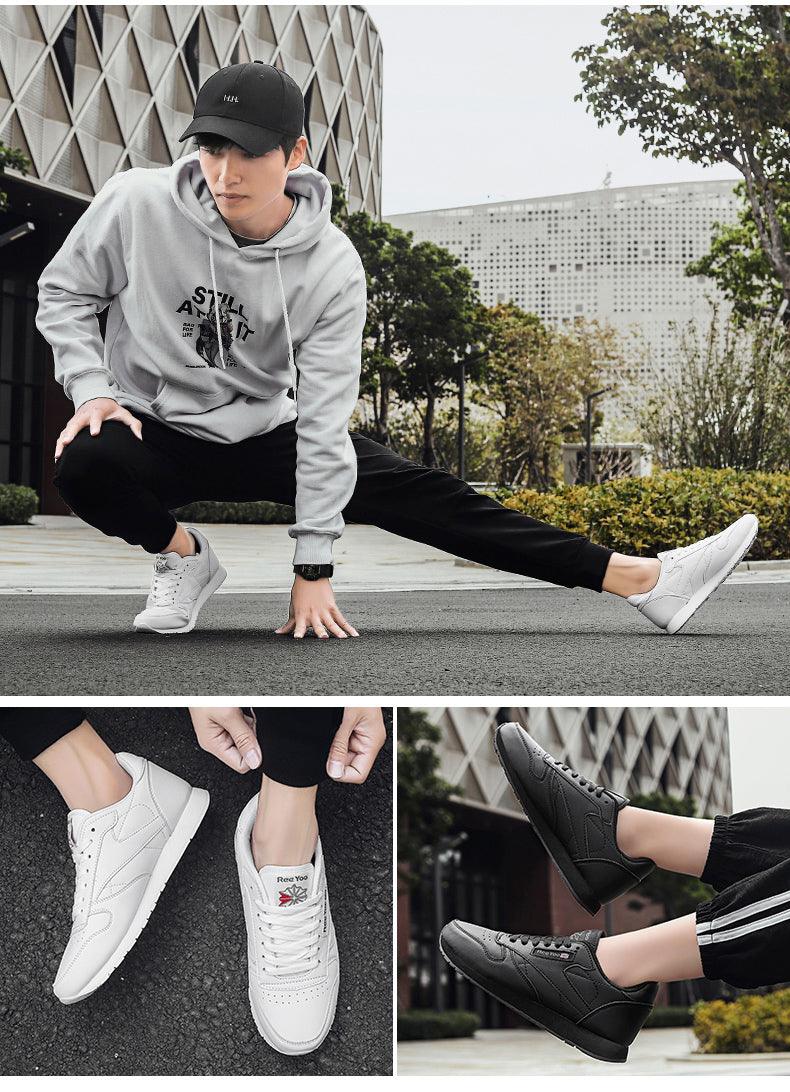 Stevvex sneakers collage: white leather lace-up and black sneakers shown on model closeups on Tampa Home & Garden Store