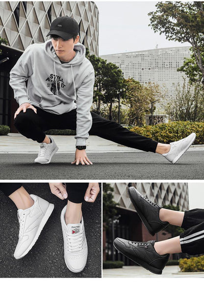 Stevvex sneakers collage: white leather lace-up and black sneakers shown on model closeups on Tampa Home & Garden Store