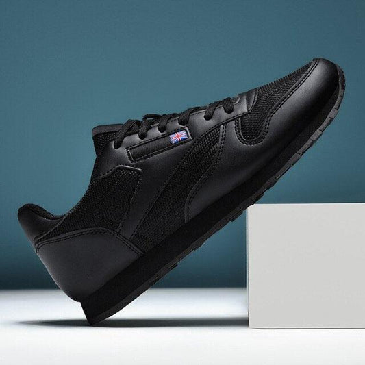 Stevvex black leather mesh sneaker with lace-up design and Union Jack patch on Tampa Home & Garden Store