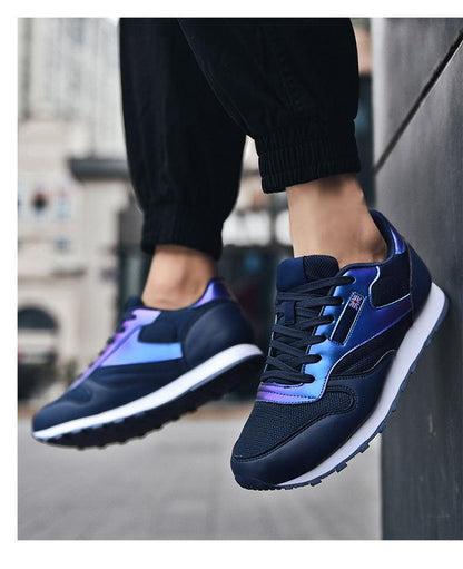 Stevvex sneakers navy blue with purple trim mesh upper lace-up athletic shoes for women pair on Tampa Home & Garden Store