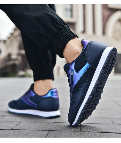 Stevvex navy blue sneakers with purple panels, mesh lace-up shoes, white sole on Tampa Home & Garden Store