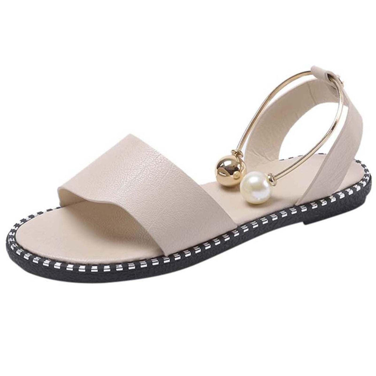 Stevvex beige open-toe sandal with pearl bead and gold ring accents, black-stitch sole on Tampa Home & Garden Store