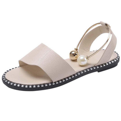 Stevvex beige open-toe sandal with pearl bead and gold ring accents, black-stitch sole on Tampa Home & Garden Store