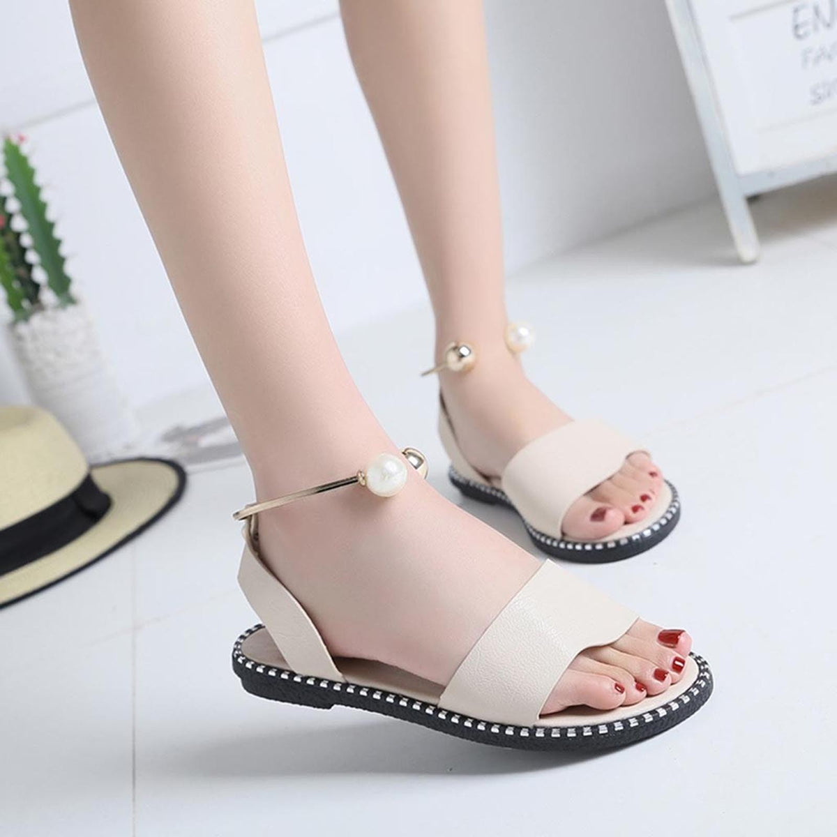 Sandals Stevvex white pearl buckle ankle strap open toe beige faux leather on Tampa Home & Garden Store