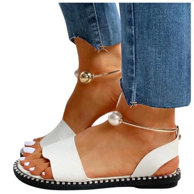 Stevvex White Sandals with pearl bead ankle strap, open toe, black stitched sole on Tampa Home & Garden Store