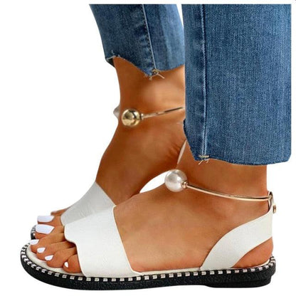 Stevvex White Sandals with pearl bead ankle strap, open toe, black stitched sole on Tampa Home & Garden Store