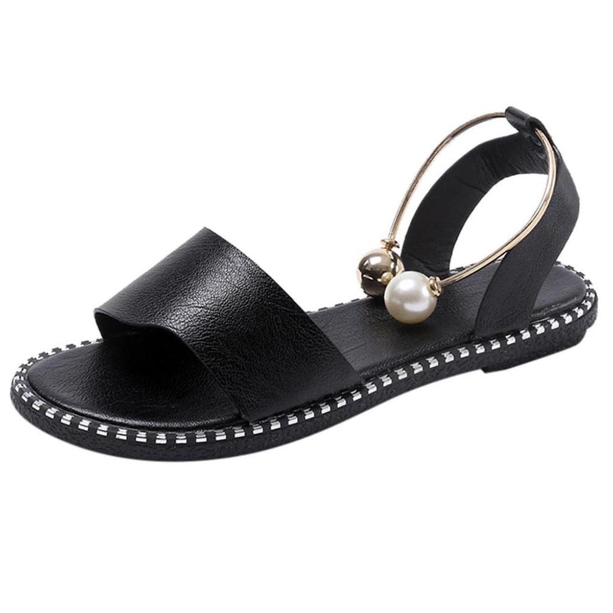 Stevvex black sandal with wide front strap, gold-tone ankle ring and pearl beads, stitched sole on Tampa Home & Garden Store