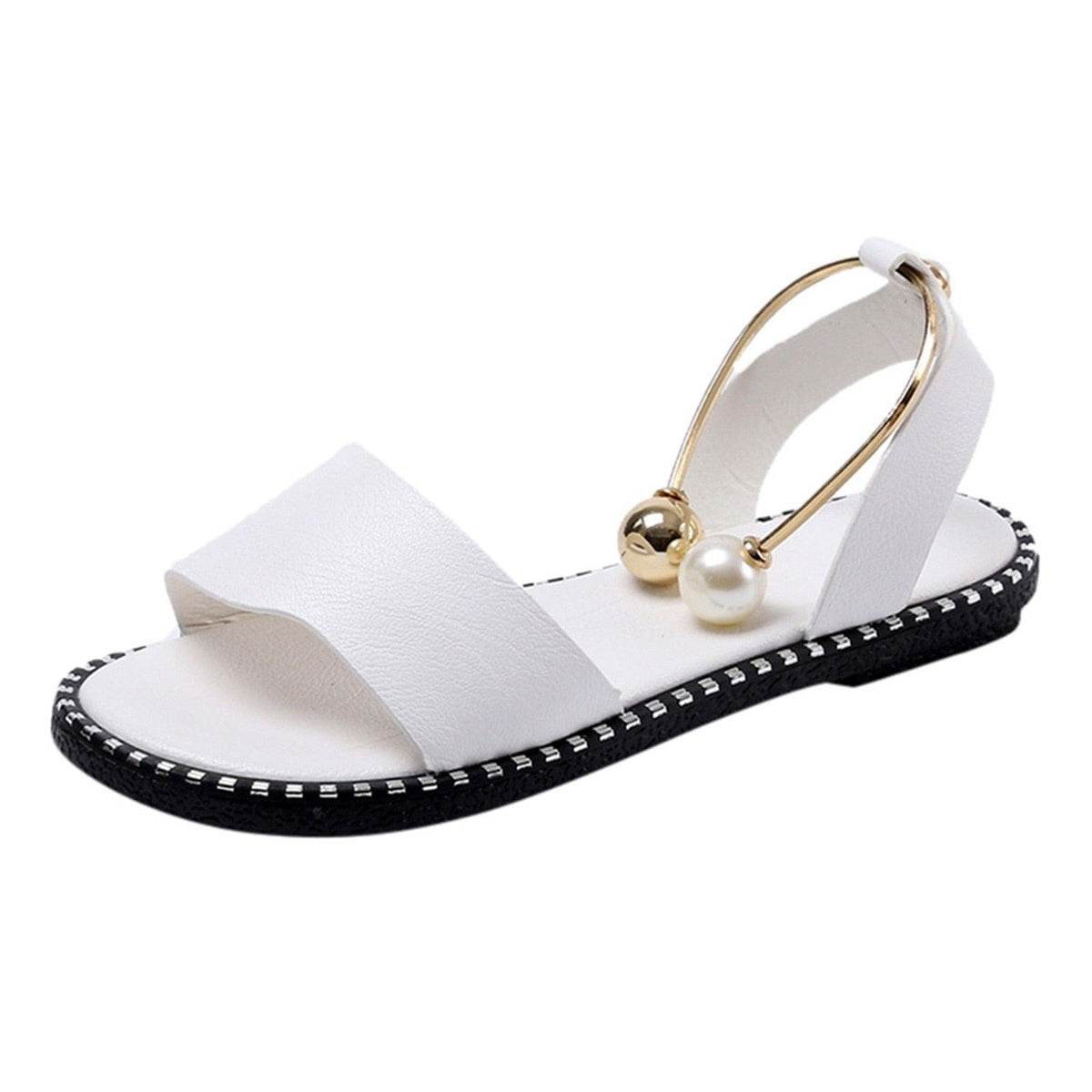 Stevvex white sandal with pearl bead and gold ring accent, open toe, stitched sole on Tampa Home & Garden Store