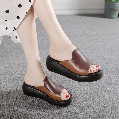 Stevvex platform wedge sandals in brown leather two-tone upper open-toe slip-on on Tampa Home & Garden Store