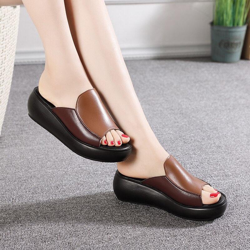 Stevvex women's platform wedge sandals brown leather upper, open-toe slip-on pair on Tampa Home & Garden Store