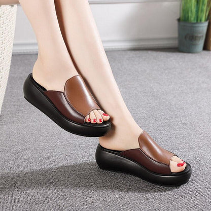 Stevvex women's platform wedge sandals brown leather upper, open-toe slip-on pair on Tampa Home & Garden Store